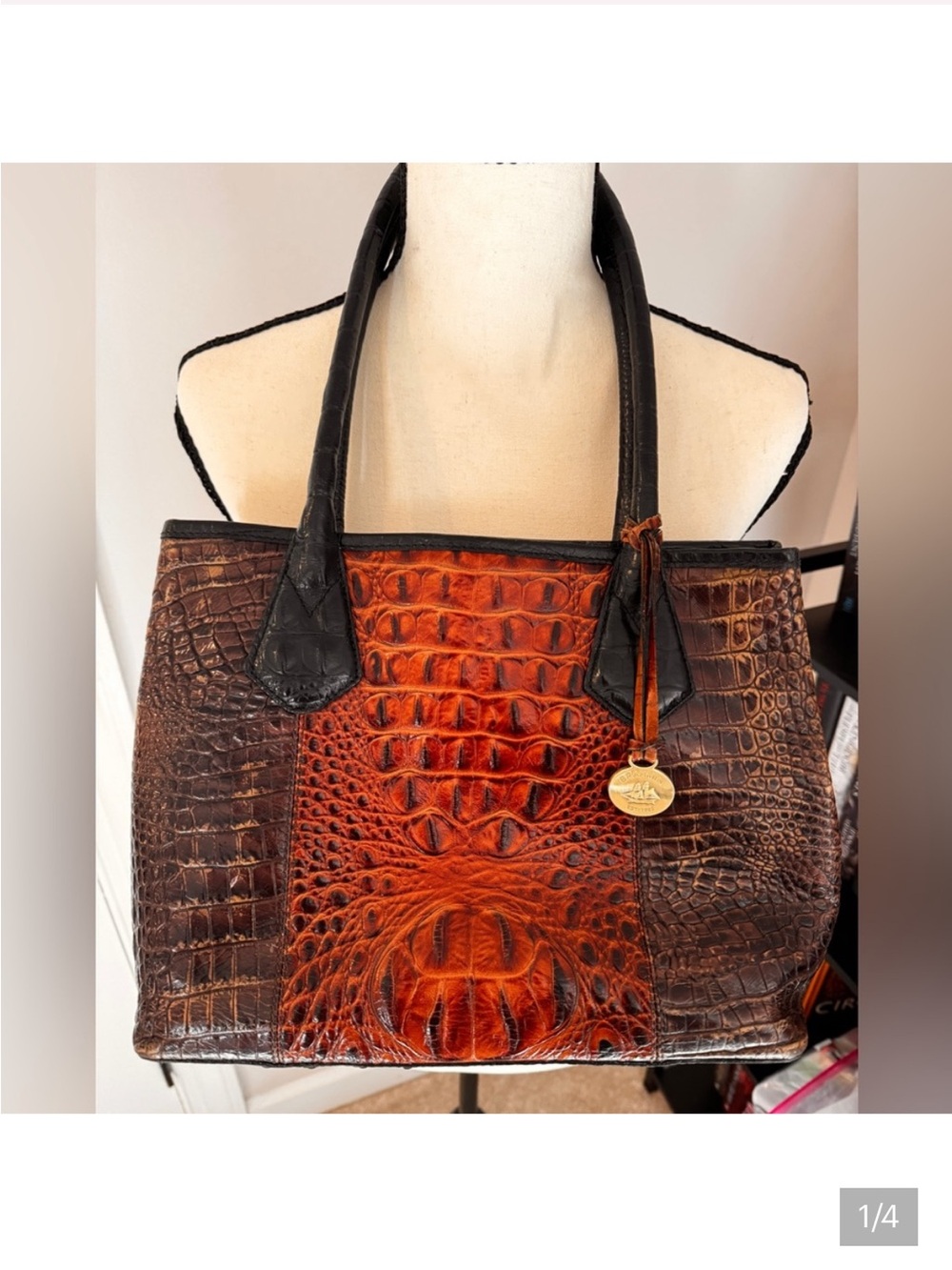 Brahmin EUC Vintage Rust Brown& Rustic Red/Orange Croc-Embossed Leather Tote Bag